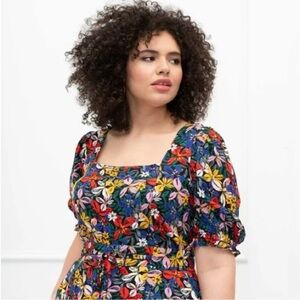 Eloquii Square Neck Floral Print Puff Sleeve Crop Top in Island Garland size 18